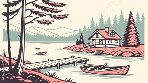 Peaceful Lakeside Village with Dock and Boats Vector