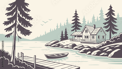 Peaceful Lakeside Village with Dock and Boats Vector