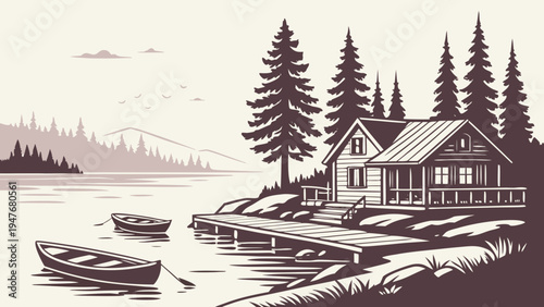 Peaceful Lakeside Village with Dock and Boats Vector