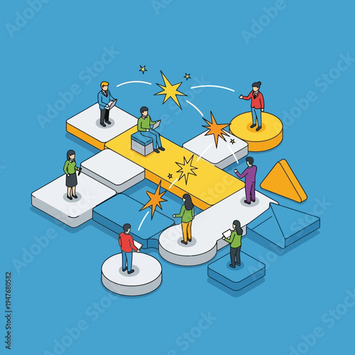 Isometric illustration of people interacting on a geometric platform, representing teamwork and collaboration.