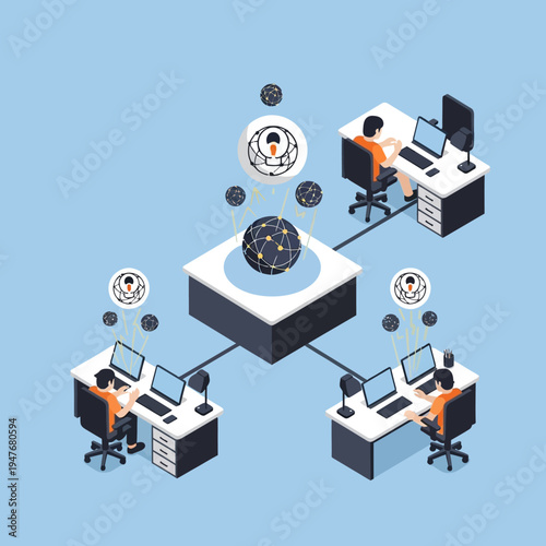 Isometric illustration of a network connecting individuals with a central data hub.