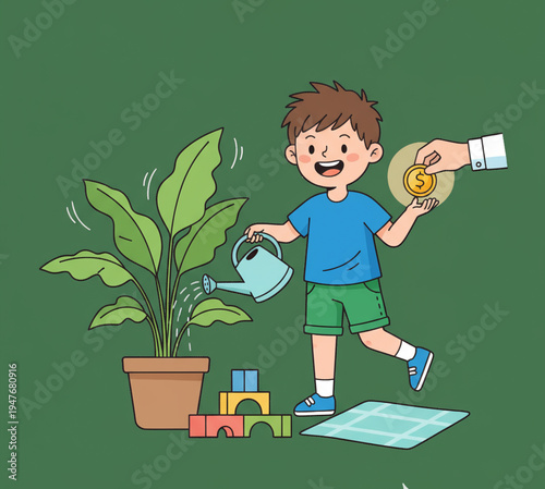 A young boy happily waters a plant while receiving a coin from an outstretched hand, symbolizing growth and investment in the future