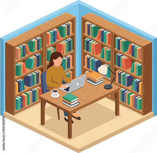 A woman studies at a desk surrounded by bookshelves in a library