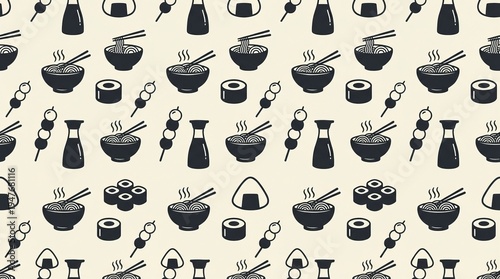 Seamless Japanese Food Pattern Featuring Ramen Bowls, Sushi Rolls, Dango and Onigiri