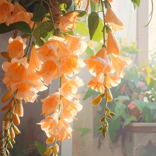 Soft peach flowers hanging in front of a window with green leaves