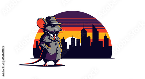 A shrewd anthropomorphic mouse investigator, wearing a classic fedora and trench coat, stands before a vibrant city skyline at dusk, embodying a captivating urban mystery concept