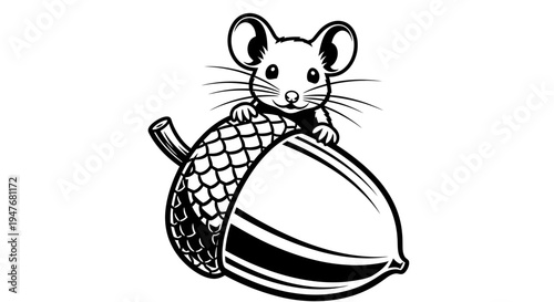 Cute cartoon mouse peeking from behind a giant acorn illustration