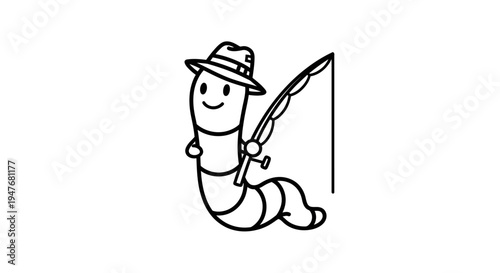 Cute cartoon worm wearing a hat and holding a fishing rod, a charming illustration for children and fishing enthusiasts