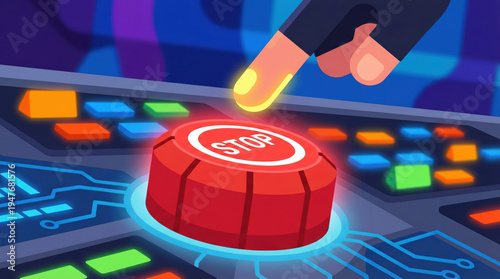 Close-Up of a Hand Pressing a Vibrant Red Stop Button on a High-Tech Control Panel Interface
