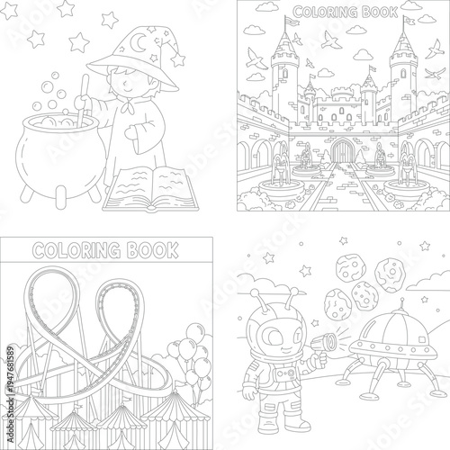 Enchanting coloring book pages: wizard magic spells, majestic castle courtyard, rollercoaster fun ride, and alien space adventure