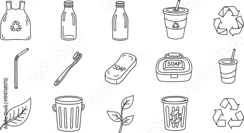 Collection of hand-drawn icons representing eco-friendly and sustainable lifestyle choices