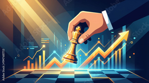 Chess Strategy and Business Growth Concept with Hand Moving King Piece and Graphs on Digital Background