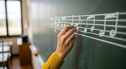 Hand writing music notes on blackboard in classroom, education background