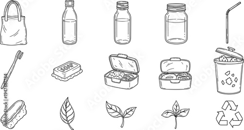 Collection of hand-drawn icons representing eco-friendly and sustainable lifestyle choices