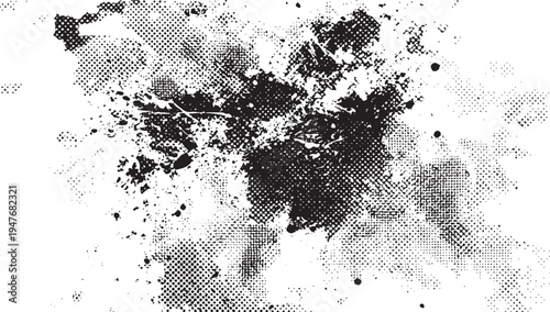Black ink splatter texture with halftone dot pattern on white background