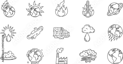 Collection of climate change and environmental disaster icons in a simple line art style