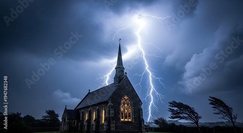 A dramatic lightning strike illuminates the stormy sky behind an old stone church with a tall spire and glowing windows.