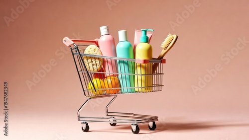 Colorful personal care items neatly arranged in a miniature shopping cart.