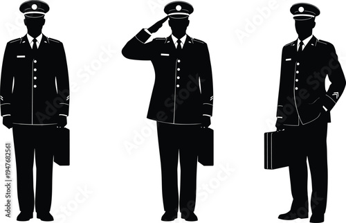 Professional pilot silhouette set with standing and saluting poses holding briefcase isolated vector illustration for aviation uniform character design