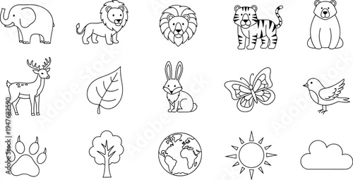 Collection of cute cartoon animals and nature elements in a simple line art style