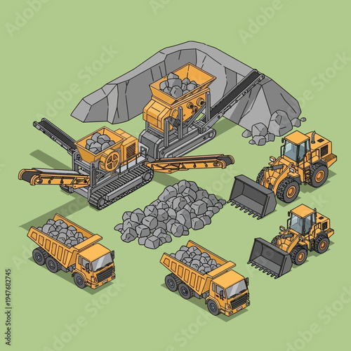 Isometric illustration of mining equipment, including trucks, loaders, and crushers, on a green background.