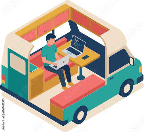 A man works on his laptop inside a converted van parked outdoors during daytime.