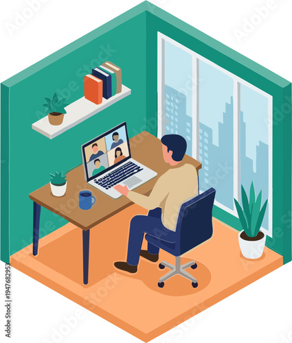 Man working on laptop with video call in office cubicle with city view