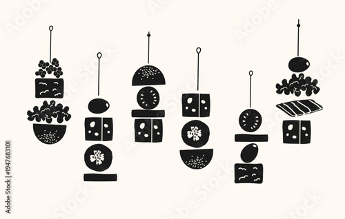 Tapas and canapes in minimalist linocut style. Set of stylized food appetizers on skewers with ink texture. Vector illustration on isolated background. Mediterranean snack, party 