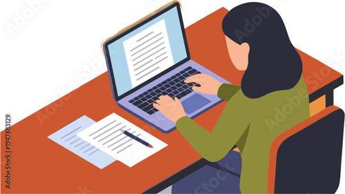 Woman sitting at desk working on laptop with papers