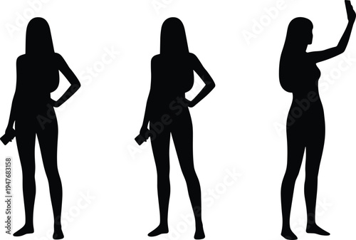 Woman silhouette holding smartphone taking selfie standing poses set isolated vector illustration for social media lifestyle people design