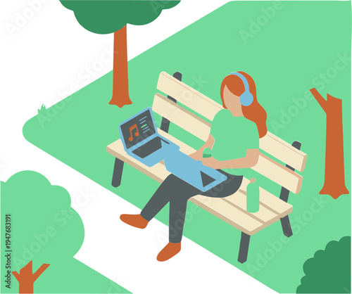 Woman sitting on park bench with laptop and headphones listening to music