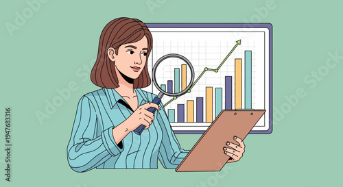 A pro lady analyst checks data graph via lens and a board at work task