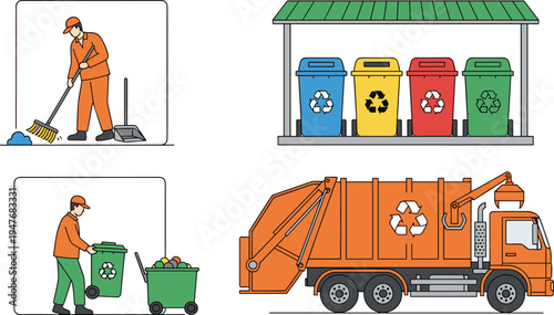 waste recycling process illustration, garbage collection truck recycling bins sanitation worker environmental waste management vector set