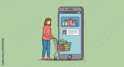 Girl with cart and gifts by big phone for fast web shop sale buy now