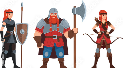 viking warrior characters illustration, female fighter shield spear nordic warrior axe archer medieval fantasy battle vector set