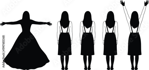 Woman silhouette character poses set with front back and raised arms views isolated vector illustration for fashion figure design