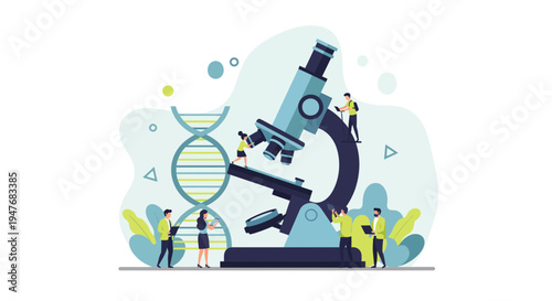 Scientists working on biotechnology research using a giant microscope and dna model in modern laboratory setting