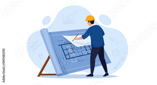 Professional male engineer wearing yellow hard hat drawing architectural building house plans on a blueprint