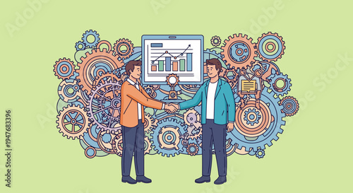 Two businessmen shaking hands for successful partnership deal involving teamwork gear background and data analysis chart