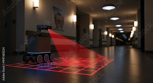 futuristic robot uses a red laser to scan and map an area, projecting a grid onto the floor. This technology is ideal for modern mapping and surveying.