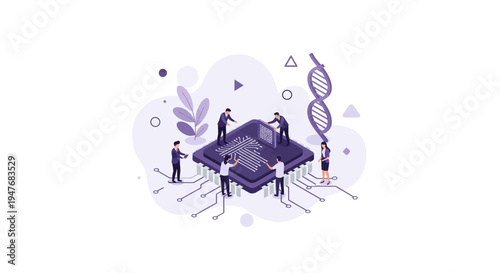 Isometric engineering team working on computer processor with dna and binary data code for high tech industry