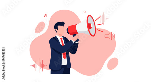 Professional businessman holding megaphone shouting loud message about AI news business promotion marketing social media strategy corporate communication information