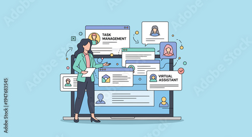 Professional woman using laptop for task and virtual assistant in office for business and digital