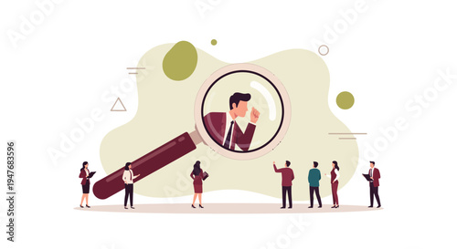 Professional human resources recruitment process searching for the right candidate using a magnifying glass to find talent for job vacancies
