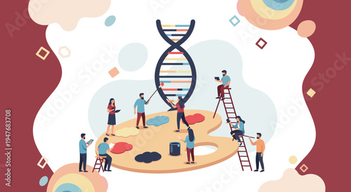 Dna lab team work to edit and build the bio art helix on a palette