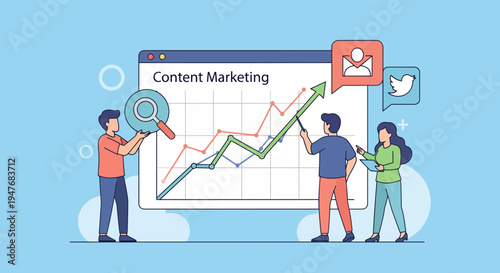 Business team analyzing digital content marketing growth strategy data performance statistics on dashboard screen monitor vector