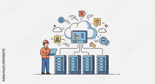 Professional technician managing cloud data center server infrastructure network security database storage computing system maintenance engineer worker