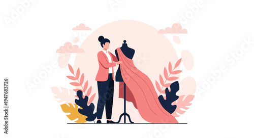 A girl fits a pink silk on a bust form at work for a shop