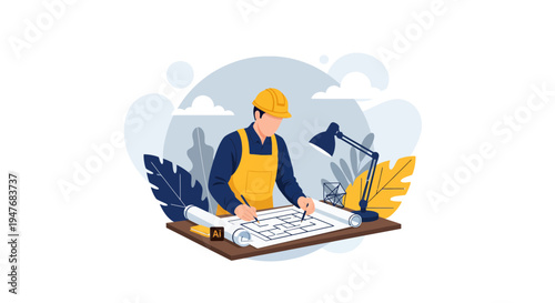 Male Pro Architect Man In Hat Draw Plan Desk Build House Site Job Idea Work