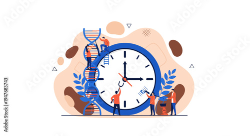 Team work on a big blue clock and DNA for time and life science goal
